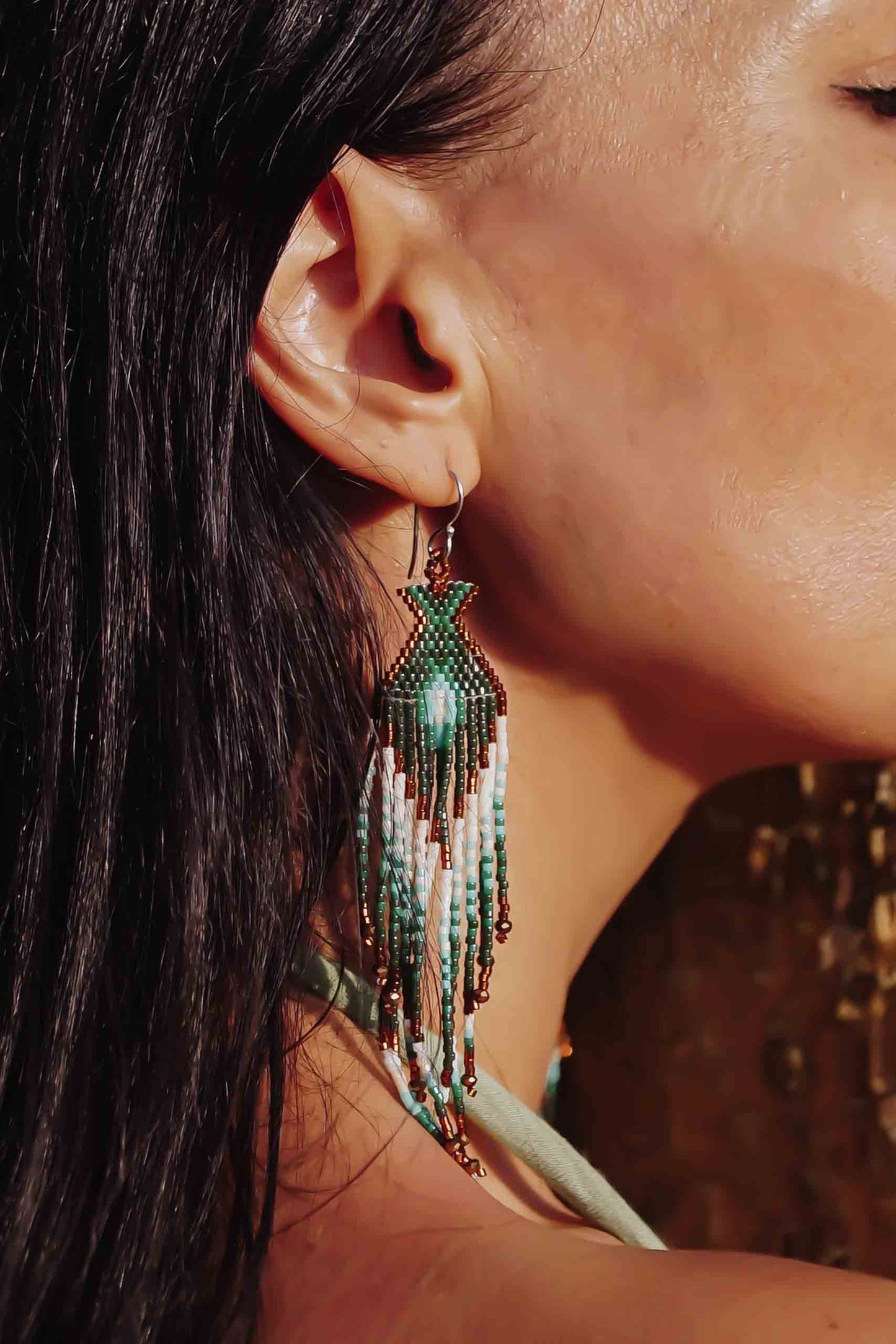 Huichol Tribal Bead Earrings - Green