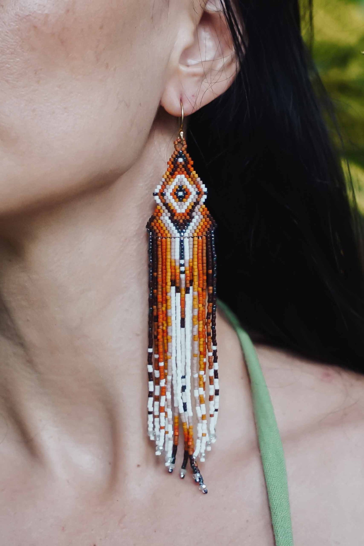 Huichol Tribal Bead Earrings - Orange