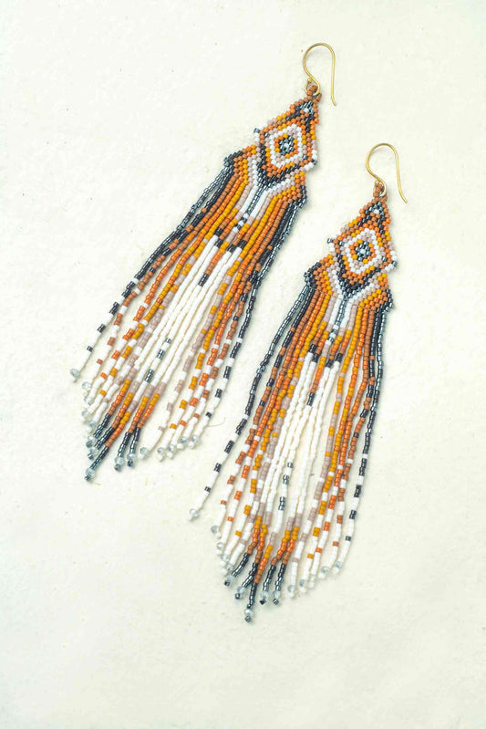 Huichol Tribal Bead Earrings - Orange
